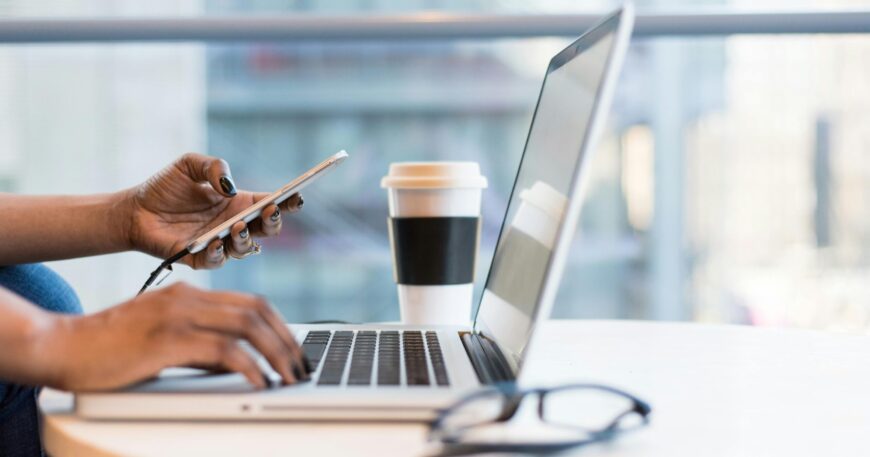 Free laptop on table top stock photo